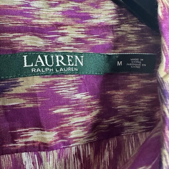 LAUREN Ralph Lauren Womens Medium Silk Cotton Button Up Shirt Purple Ikat Print - Picture 6 of 7
